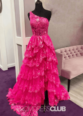Monica | A Line Tiered Ruffle Black Tulle Sequin Long Prom Dress - Price #price_variant_lowest# - Hot Pink - PromDressClub